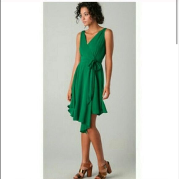 Kelly Green Chiffon Sheer Wrap Dress Asymmetrical Hem Fairycore Whimsical Ballet - Picture 2 of 9